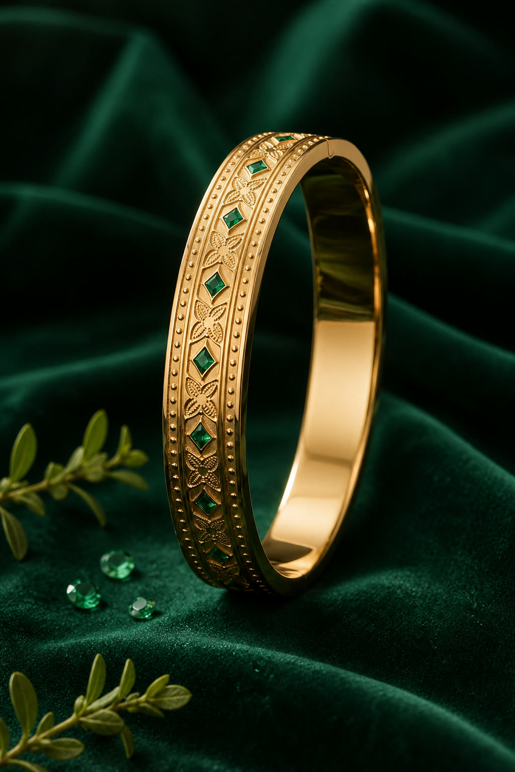 Yellow-gold emerald floral hinged bangle on green velvet