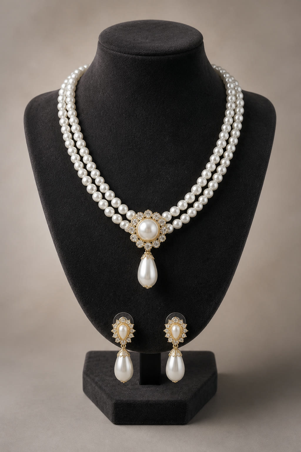 Double-strand pearl necklace with teardrop halo pendant and earrings